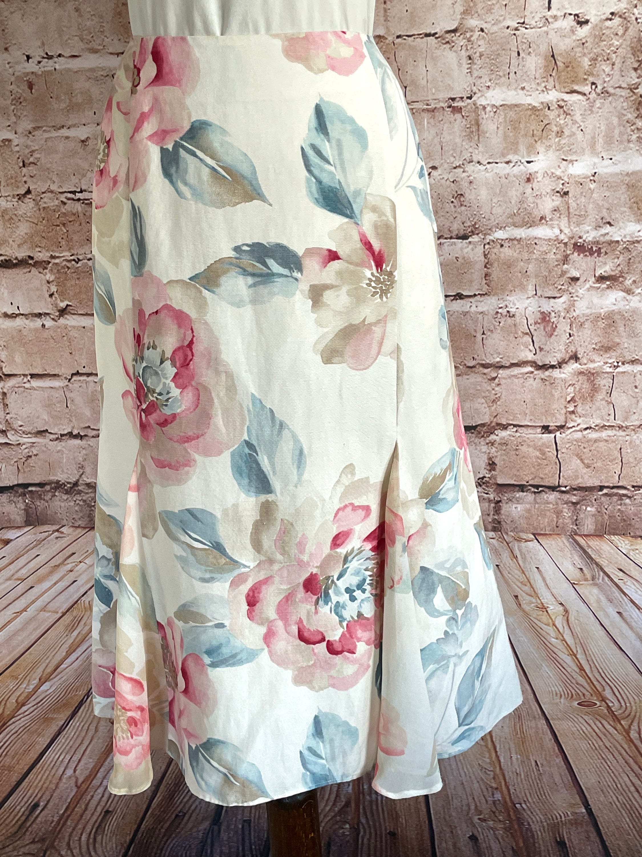 Jupe Kaliko Taille 14 - Longueur Genou - Motif Floral - Mélange Lin Et Soie