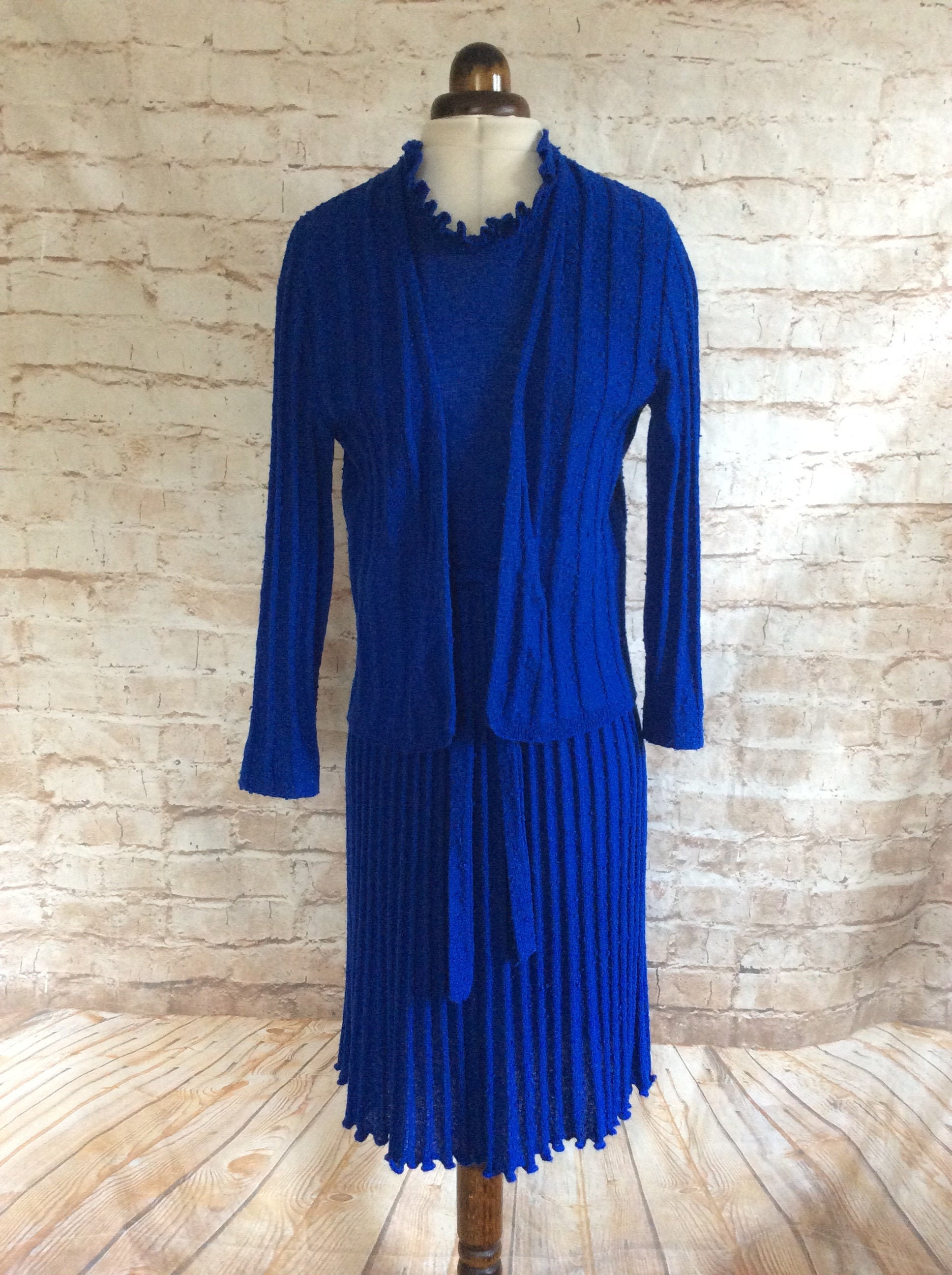 Image of Vintage Suit Dress & Cardigan Knitted in A Blue Boucle Yarn CS Small