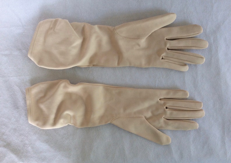 Vintage Long Gloves In Beige Nylon With Ruched Wrist Detailing c 1960s Size Small