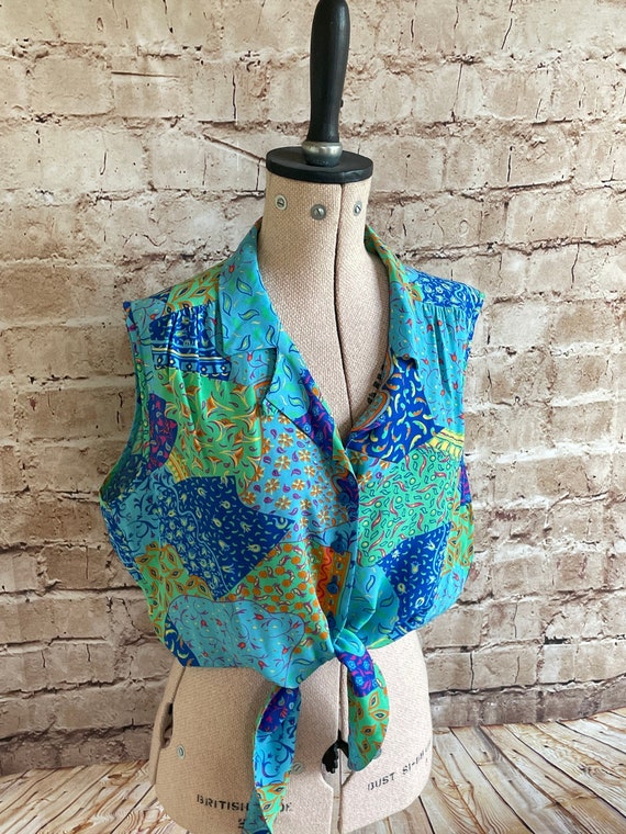 Vintage Blouse Tie Front Cropped Top Bright Patch… - image 4