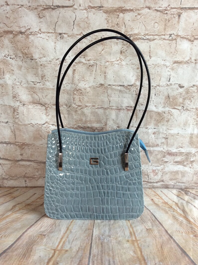 Vintage Handbag Purse In Pale Blue Patent Croc Faux Leather c1990s
