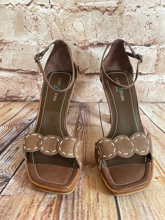 Vintage Brown Sandals Shoes Leather High Heels An… - image 3