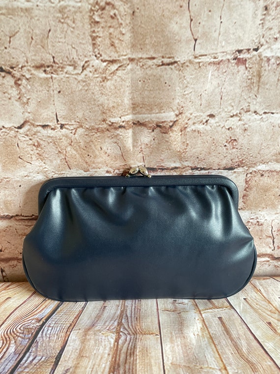 Vintage Clutch Bag Purse Handbag Navy Blue Faux L… - image 10