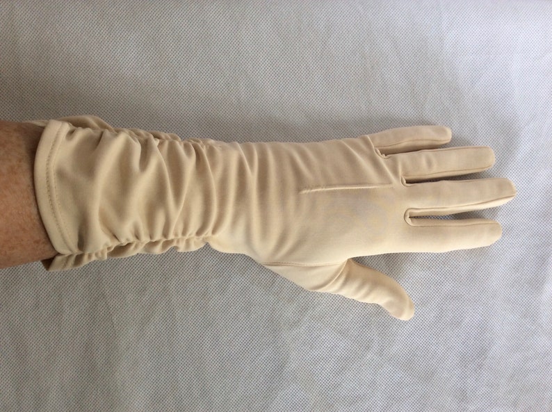 Vintage Long Gloves In Beige Nylon With Ruched Wrist Detailing c 1960s Size Small