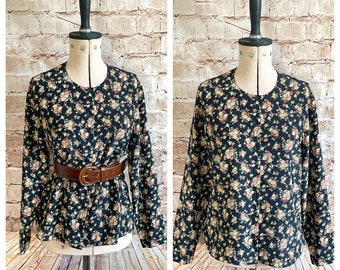 Chemisier vintage col rond bleu marine floral bohème hippie par St Michael, années 1990, taille 4 UK