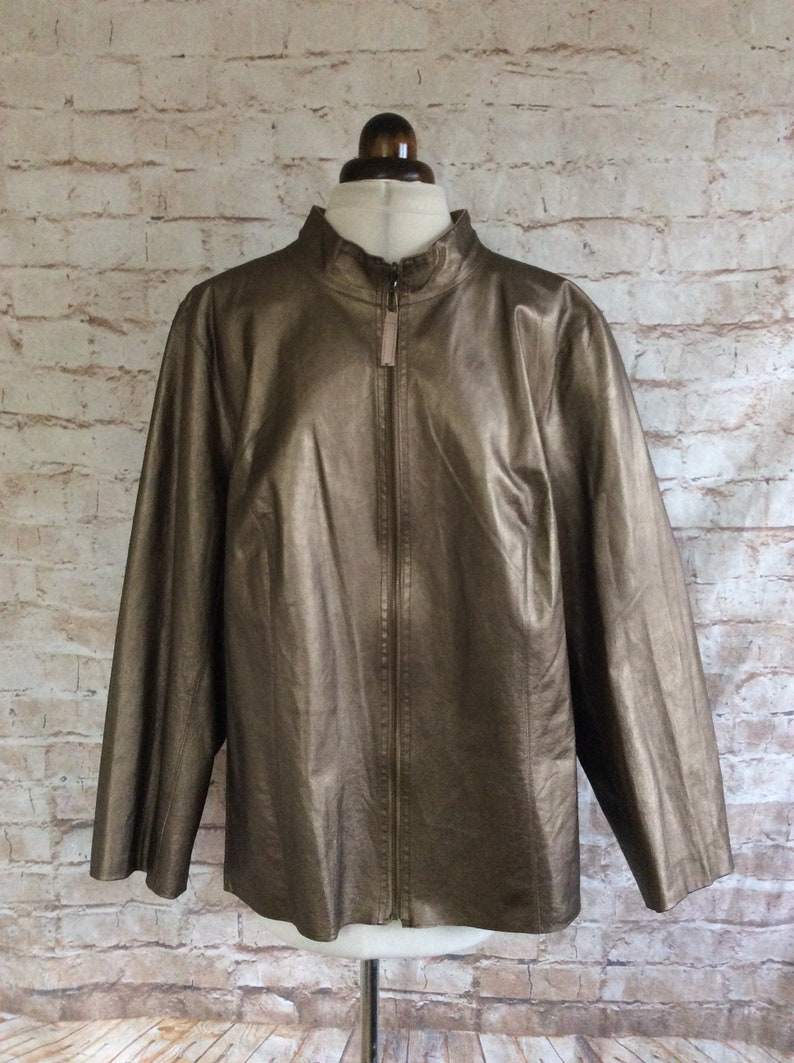 Vintage Leather Jacket Bronze And Beige Zip Front Casual Style c1990s Size Large