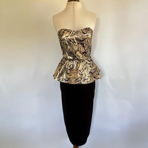 Vintage Dress Peplum Gold Lame And Black Velvet By Yessica C&A c1980s UK 12