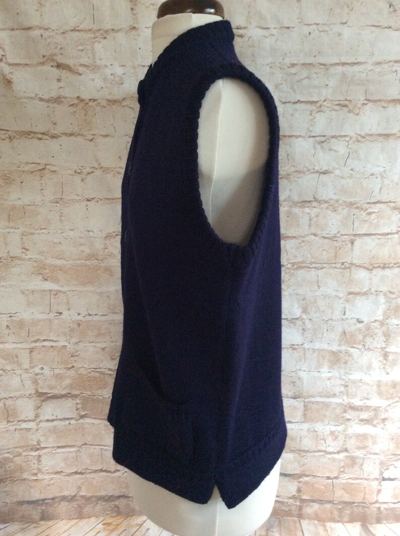 Vintage Knitted Sleeveless Cardigan Waistcoat Vest In Navy Blue Pure Wool By Guernsey Woolens c1980s Medium
