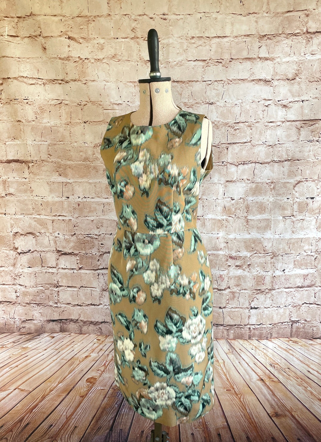 90s Max Mara Dress Slim Wiggle Beige Green Abstract Floral Smart ...