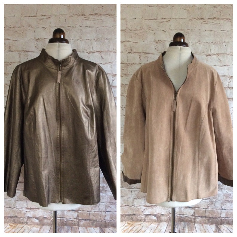 Vintage Leather Jacket Bronze And Beige Zip Front Casual Style c1990s Size Large