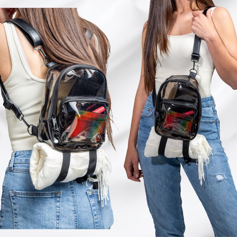 Mochila pequeña transparente negra antirrobo con correas convertibles, bandolera para raves, estadios, festivales y conciertos.