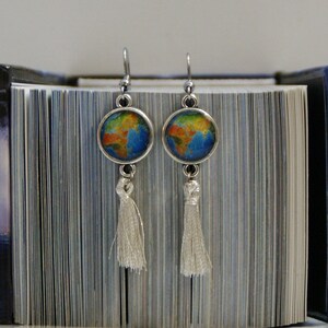 Globe earrings, handmade world globe earrings with tassel.