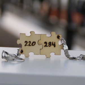 Könnte beinhalten: Zwei Holzschachtelteile mit den Zahlen 220 und 284 darauf, verbunden durch einen silbernen Schlüsselanhänger.