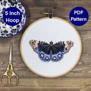 Hand Embroidery Pattern. PDF. Blue Pansy Butterfly Digital download. Step by step. Design, printable