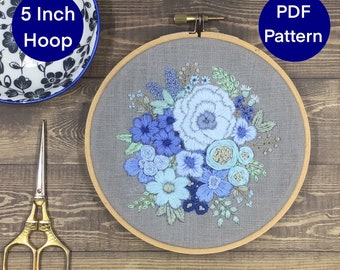 Hand Embroidery Pattern. Blue Flower Bouquet. PDF, digital download, floral hand embroidery pattern
