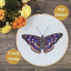 Hand Embroidery Pattern. PDF. Lesser Purple Emperor Butterfly. 7 Inch Hoop. How to Pattern. Step by Step.  Intermediate to advanced.