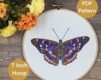 Hand Embroidery Pattern. PDF. Lesser Purple Emperor Butterfly. 7 Inch Hoop. How to Pattern. Step by Step.  Intermediate to advanced.