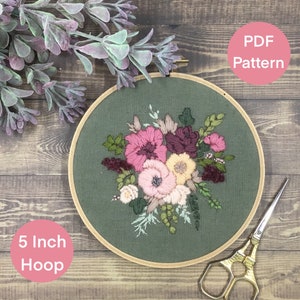 Green Linen Floral Hand Embroidery Pattern. PDF. Video Tutorial, Step by Step, Flower Hand Embroidery. Digital Download
