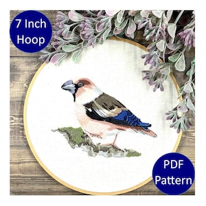 Hand Embroidery Pattern. PDF. Hawfinch Bird Pattern. Step by Step Pattern. Thread Painting