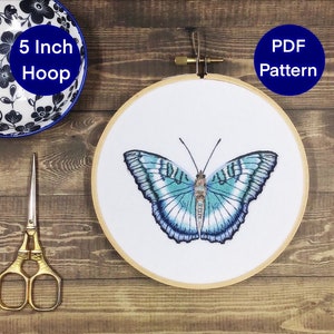 Hand Embroidery Pattern. PDF. Butterfly Euthalia formosan Pattern. Digital Download. Embroidery Tutorial. Blue Butterfly