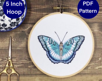 Hand Embroidery Pattern. PDF. Butterfly Euthalia formosan Pattern. Digital Download. Embroidery Tutorial. Blue Butterfly