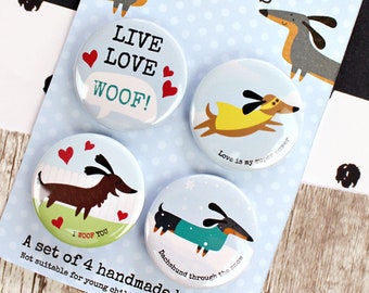 Dachshund Pin Badges – Set of 4, Dog Illustrations