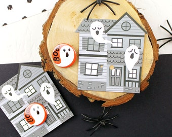 Halloween Button Badge with Haunted House and Ghost
