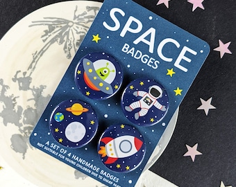 Space Badges with an Astronaut, Pocket, Planets and a Rocket – Set of Four
