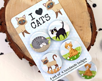 Cute Cats Button Pin Badges – Set of Four
