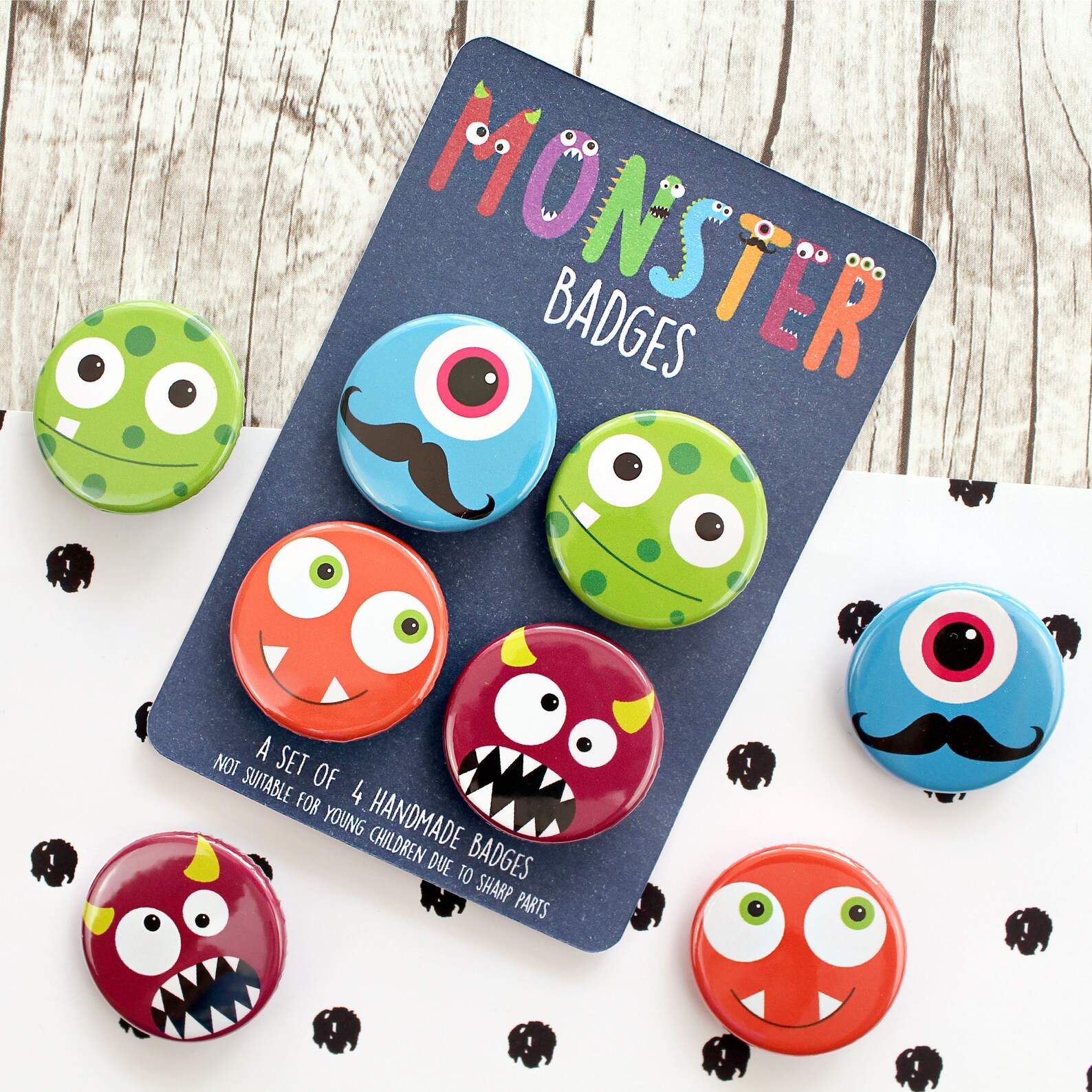 Fun Colourful Monster Pin Badges Set of Four Etsy UK