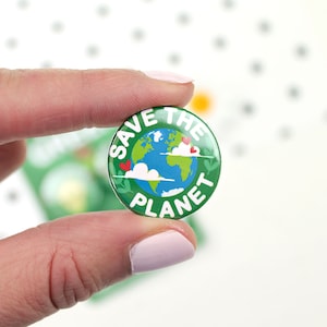 May include: A green button with the text "Save the Planet" and a cartoon image of the Earth with clouds and two red hearts.