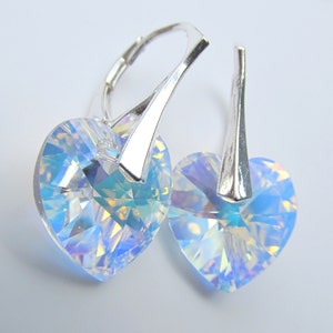 925 Solid Sterling Silver Leverback Swarovski Xilion Heart Crystal AB Earrings - Clear Diamond White April Birthstone