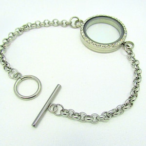 Stainless Steel Silver Crystal Round Twist Open Waterproof Memory Floating Locket 30mm Toggle Chain Bracelet