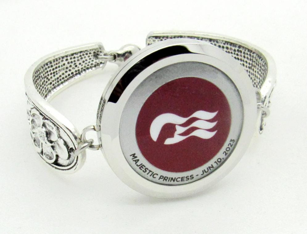 Stainless Steel Silver Floral Flower Holder Bangle Bracelet for Apple AirTag Cruise Medallion and More