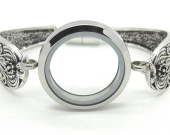 Stainless Steel Silver Plain Memory Floating Glass Twist Screw Open Close Waterproof 25mm Locket with Decorative Floral Bangle Bracelet
