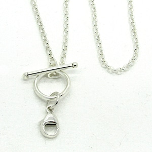 May include: A silver chain necklace with a toggle clasp and a lobster claw clasp. The chain is a delicate, cable style.