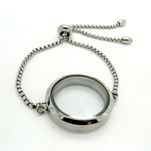 Bracelet réglable médaillon 30 mm en acier inoxydable, verre flottant à mémoire de forme, vis ouverte et étanche