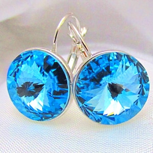 Large Swarovski Elements Rivolie Crystal Leverback Earrings - Aquamarine Blue