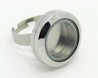Stainless Steel Silver Gold Floating Glass Locket Adjustable Finger Ring for Charm Memory Waterproof Twist Open