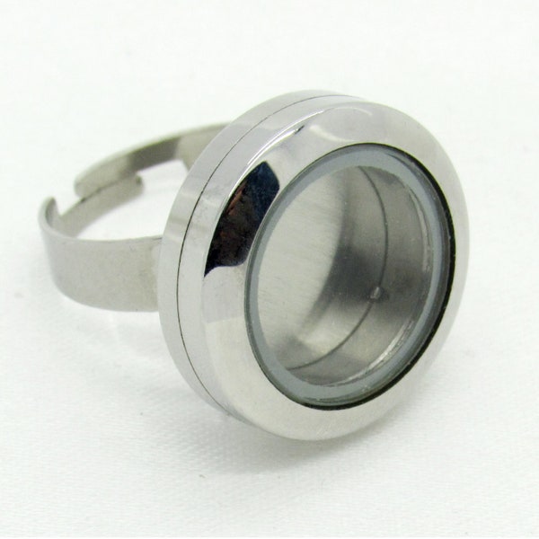 Stainless Steel Plain Silver Floating Glass Locket Adjustable Finger Ring for Charm Memory Waterproof Twist Open