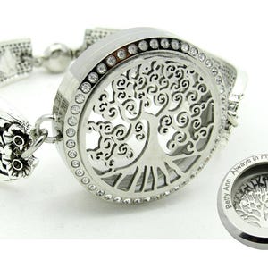 Stainless Steel Silver Custom Engraved Floral Flower Holder Bangle Bracelet for Apple AirTag Life360 Tile Sticker & More w/ Cover Plate