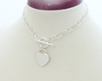 Solid 925 Sterling Silver Blank Heart Pendant with Toggle Clasp Necklace Chain Anti-Tarnish