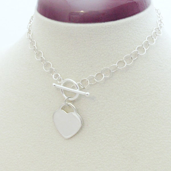 Solid 925 Sterling Silver Blank Heart Pendant with Toggle Clasp Necklace Chain Anti-Tarnish