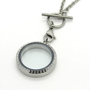 Peut inclure: Un collier avec un médaillon argenté, un insert en verre transparent et une rangée de cristaux transparents autour du bord. Le collier a un fermoir à glissière.