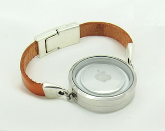 Stainless Steel Silver Floating Glass Twist Open Waterproof Locket Brown Leather Bracelet Locket 30mm & Airtag Magnet or Buckle Clasp
