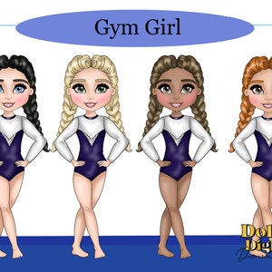 Gym Girl Leotard in Navy and white PNG Bundle Clipart Set Digital Download