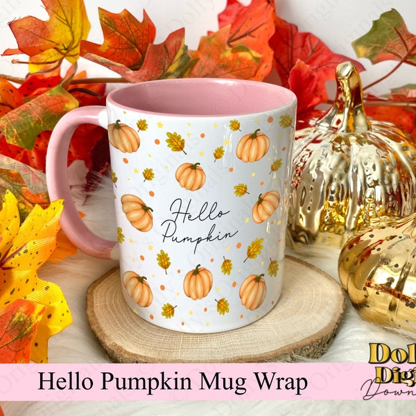 Hello Pumpkin Autumn Mug Wrap PNG Sublimation Mug Digital Download Clipart