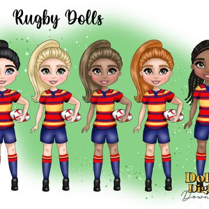Red, Navy and Orange Rugby Girls Character Clipart Bundle PNG pour téléchargement numérique