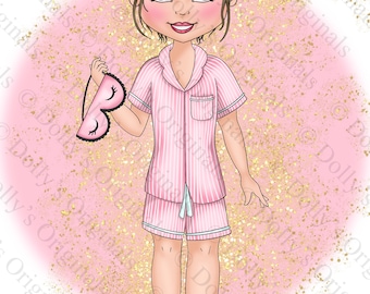 Pink Stripe Pyjamas Girl Character Bundle PNG Digital Download Clipart Planner Stickers Sublimation