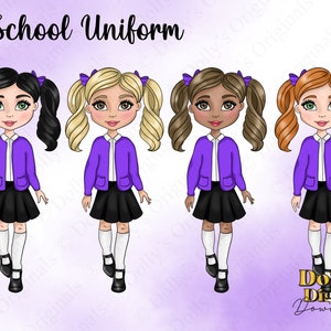 Cute School Girl in Purple and Black Uniform PNG Clipart Digital Download Sublimation